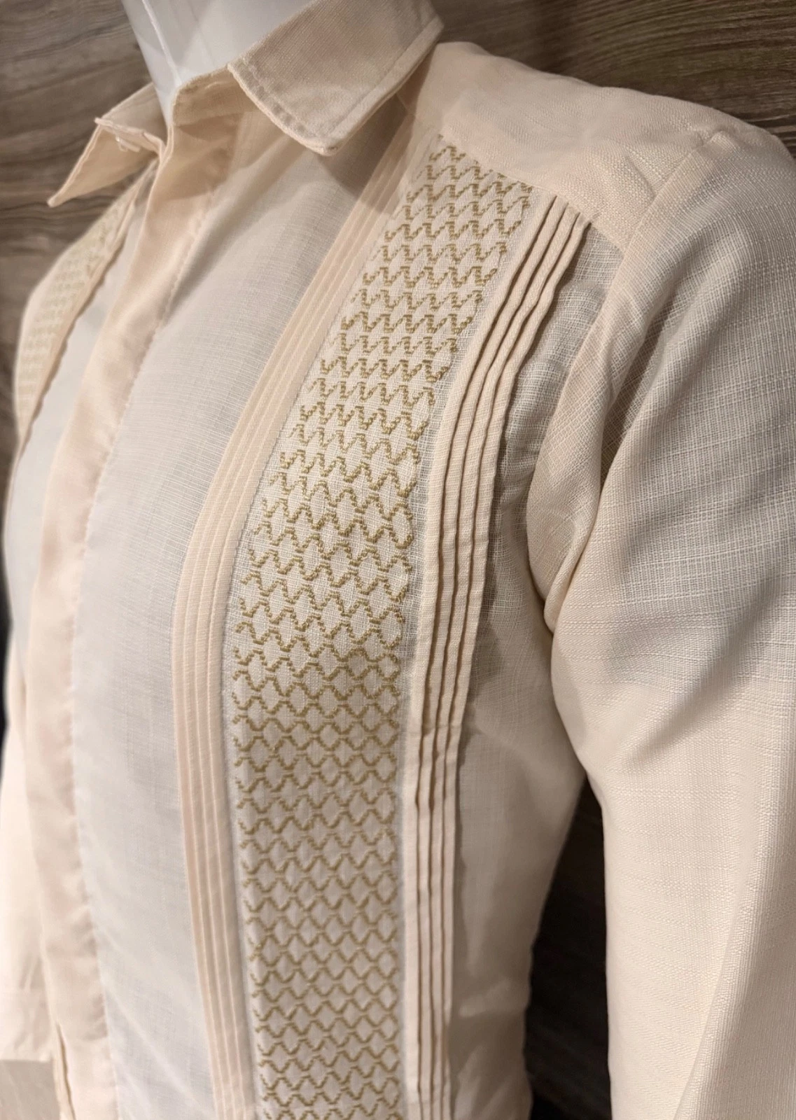Mexican Guayabera Wedding Dress Shirt Beige Cream Gold Embroidery Long Sleeve