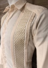 Mexican Guayabera Wedding Dress Shirt Beige Cream Gold Embroidery Long Sleeve