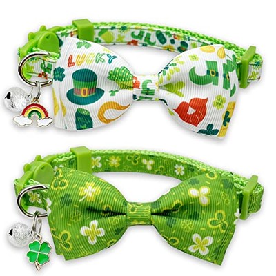 2 Pack St. Patrick Day Cat Collar with Bow Tie,Holiday Kitty Kitten Collar 