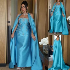 Blue Satin Evening Dresses with Cape Beading Luxury Diamond Mermaid Prom Dress