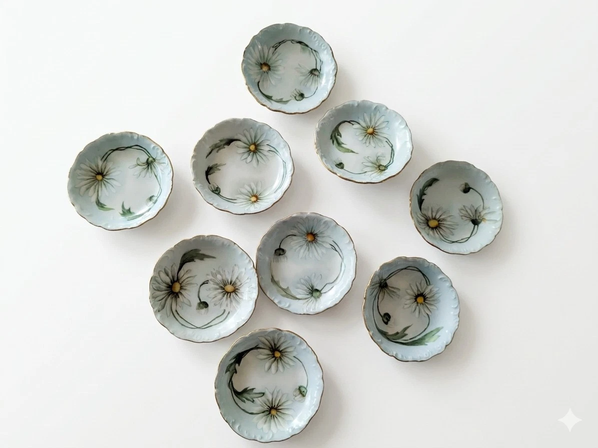 SET OF 9 ANTIQUE T & V LIMOGES DAISY BUTTER PAT DISHES