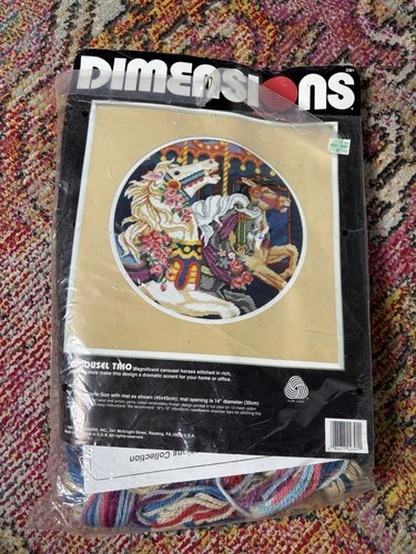 Vintage Carousel Horse Horses Needlepoint Stitch Kit 18 x 18 Colorful Opened