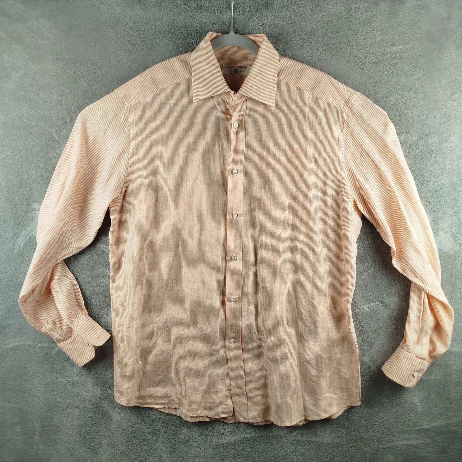 Luciano Barbera Italy 100% Linen White & Peach Striped Long Sleeve Men’s Shirt L