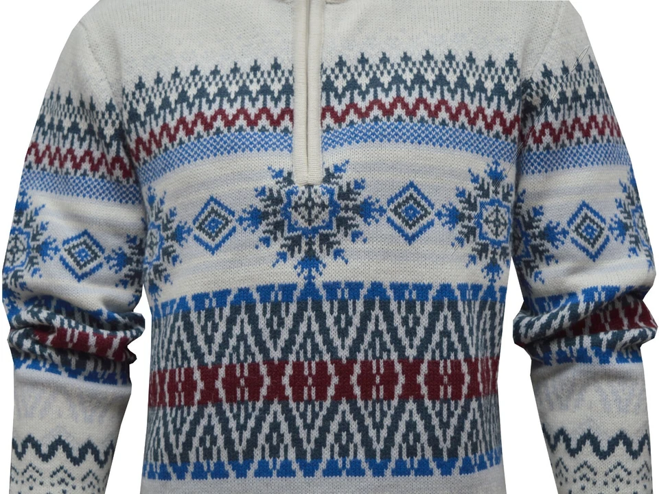 Mens 1/4 Zip Pullover Knitted Casual Jumper Aztec Design Quarter Zip Top ExStore - Image 3 of 4