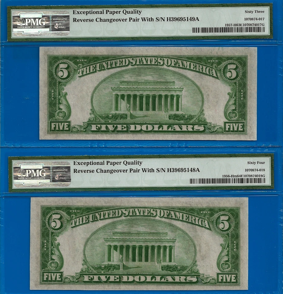 1934 1934A $5 Federal Reserve Note PMG 64EPQ changeover pair Fr 1957-H 1956-Hm - Image 2 of 2