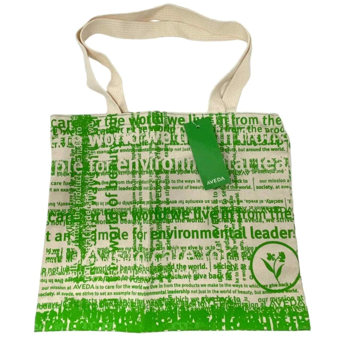 AVEDA Certified Organic Cotton Tote Bag In Green Ivory New With Tags