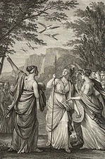Piedides changed into magpies greet Minerva singing contest engraving 1806