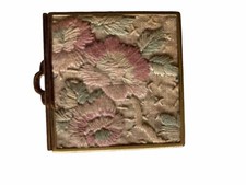 Brass & Hand Stitch Floral Fabric Makeup/Mirror Compact Vtg Stamped Made In USA