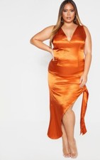 Women’s Pretty Little Thing Plus Rust Satin Curved Hem Midaxi Dress Size 18