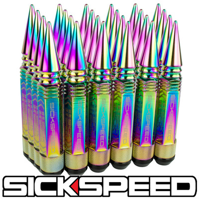 SICKSPEED 24 PC NEO CHROME 5 1/2'' LONG SPIKED STEEL EXTENDED LUG NUTS 14X1.5 