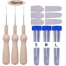 90-Wool Felting Needles S/M/L Pins 6-Finger Cots 3-Wooden Tool Handles FREE SHIP