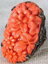 Antique Victorian Pink Coral Carved Floral Sterling SIlver Ring sz 5