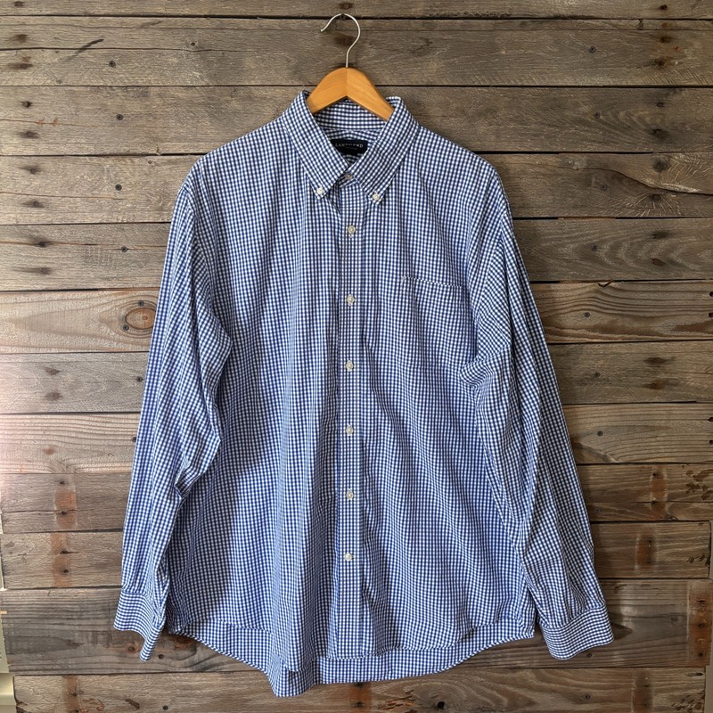 Lands' End Traditional Fit Blue Checked Button Down Shirt - Size XL - 17-17.5