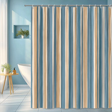 Blue and Beige Striped Shower Curtain - Modern Fabric Design