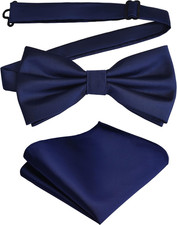 Mens Solid Color Double Fold Pre-tied Bow Tie and Pocket Square Set