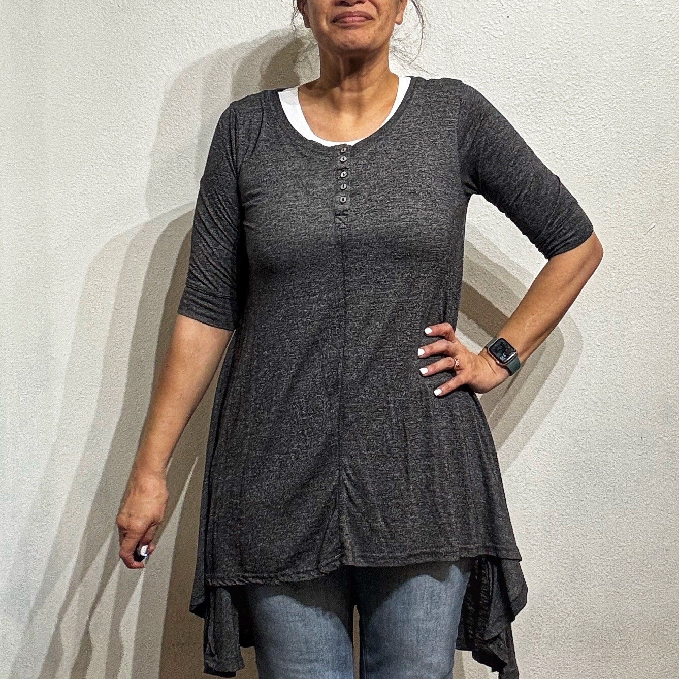 Urban Coco Heather Gray 3/4 Sleeve Hi-low Tunic Top Sz L