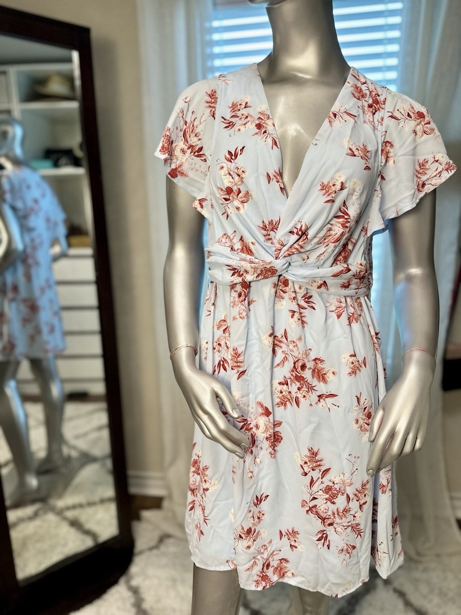 Express Blue Mini Dress Pink-Red Floral Print Twist Front Fit & Flare  Medium NWT | eBay