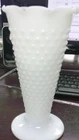 VINTAGE ANCHOR HOCKING MILK WHITE HOBNAIL GLASS VASE W/SCALLOPED EDGE--DA