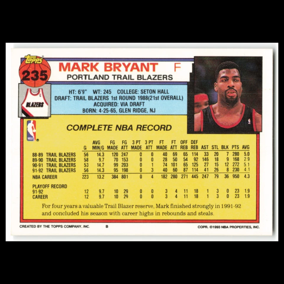Mark Bryant #235 1992 Topps Portland Trail Blazers Basketball Card NBA NM - Image 2 of 3