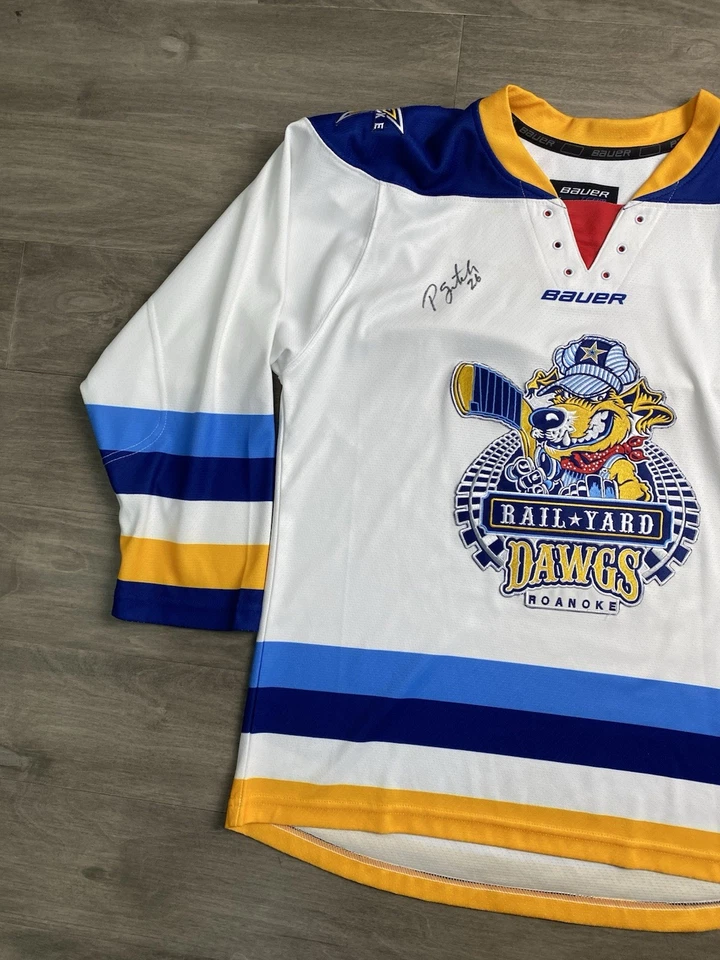 Camiseta deportiva de hockey Bauer Brandon Roanoke Rail Yard Dawgs SPHL juvenil grande AUTÓGRAFO Foto 2 de 4
