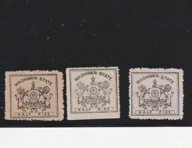 India states Wadhwan #1-3 mint (no gum on#2) c.v=$200 scott shows no color dif??
