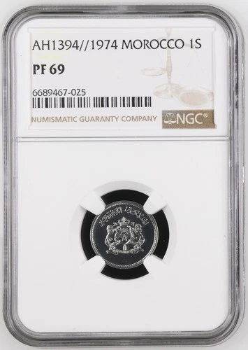 Morocco 1974 (AH1394) 1 Santimat Centimes Proof Coin NGC PF 69