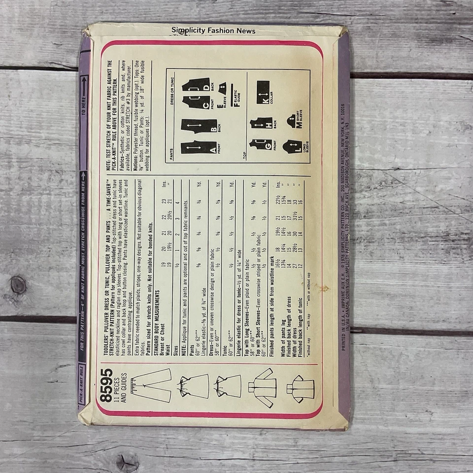 Simplicity 8595 Sewing Pattern Knit Dress Top Shirt Pants Toddler 1-2-3 UNCUT - Image 2 of 3