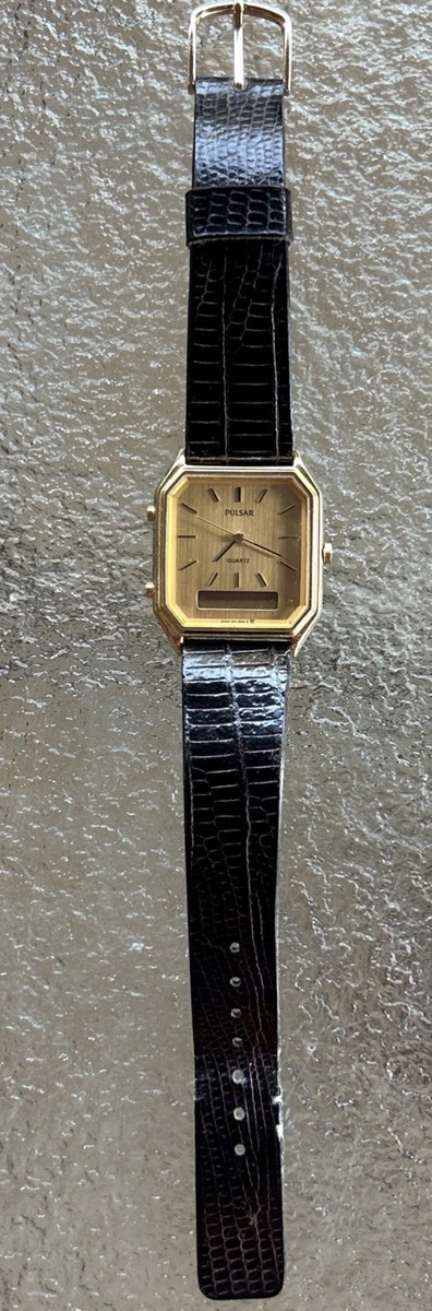 Vtg Pulsar Watch Men Gold Tone V041-5270 Analog Digital Leather