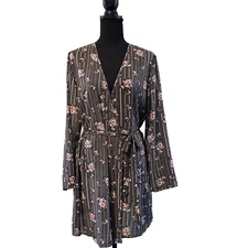 Intimate by Flora Short Robe Women’s Size Small Dark Floral Striped Sheer Wrap