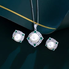 Pearl Silver Plated CZ Green Pendant Necklace Earrings Women Party Jewelry Set