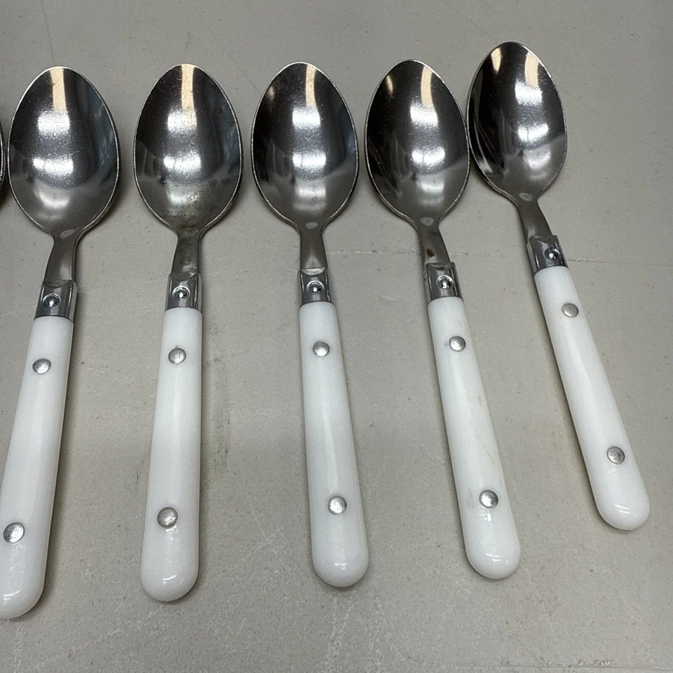 15 Piezas De Colección Años 90 Gibson Plástico Blanco 3 Remaches Mango Remachado Cubiertos de Acero Inoxidable Foto 4 de 4