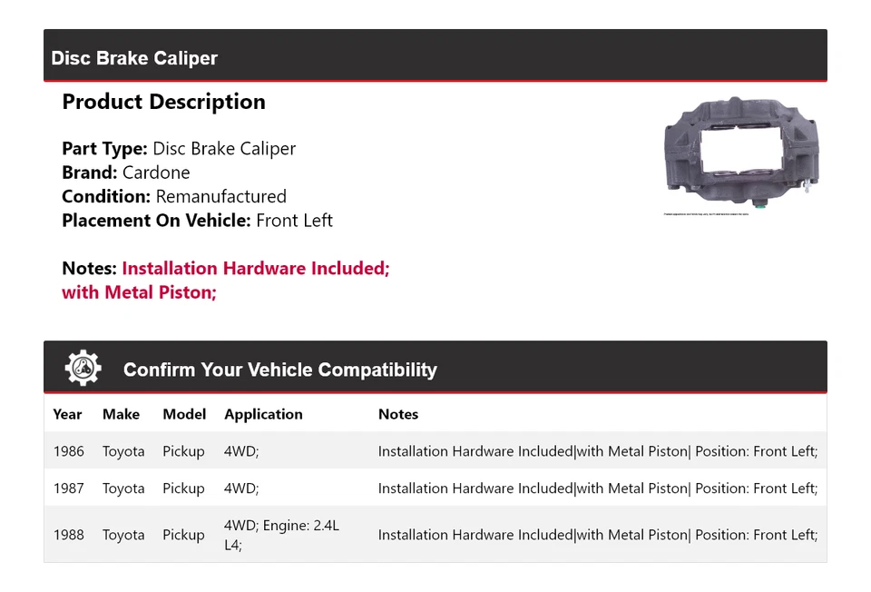 Para 1986-1988 Toyota Pickup 4WD pinça de freio a disco dianteira esquerda Cardone 1987 - Imagem 2 de 4