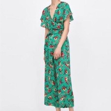 ZARA BASIC GREEN FLORAL SLEEVELESS WIDE LEG JUMPSUIT WITH WRAP TIE WOMENS SZ XS