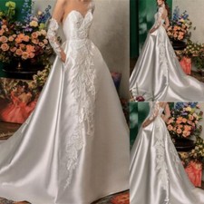 Satin Wedding Dresses Long Sleeves Lace Applique Sweep Train Bridal Gowns