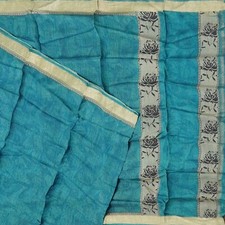 Vintage Blue Sarees 100 Pure Silk Printed Zari Border Sari 5YD Craft Fabric