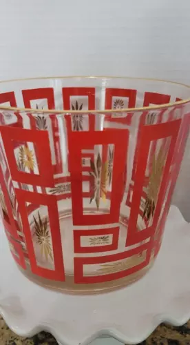 Vintage Mid Century Modern Red Atomic Geometric Ice Bucket with Gold Starburst 