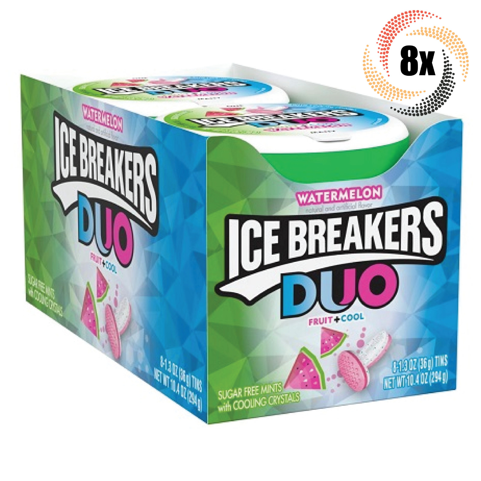 Полная коробка из 8 банок Ice Breakers Duo Fruit + Холодный арбуз | 50 штук в банке | 1,3 унции