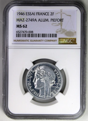 1946 ESSAI FRANCE 2F MAZ-2749A ALUM. PIEFORT ~ NGC PF 62 ~ RARE!