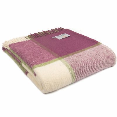 TWEEDMILL TEXTILES 100% Wolle Sofadecke BLOCK KARIERT HIMBEER ROSA CREME ÜBERWURF
