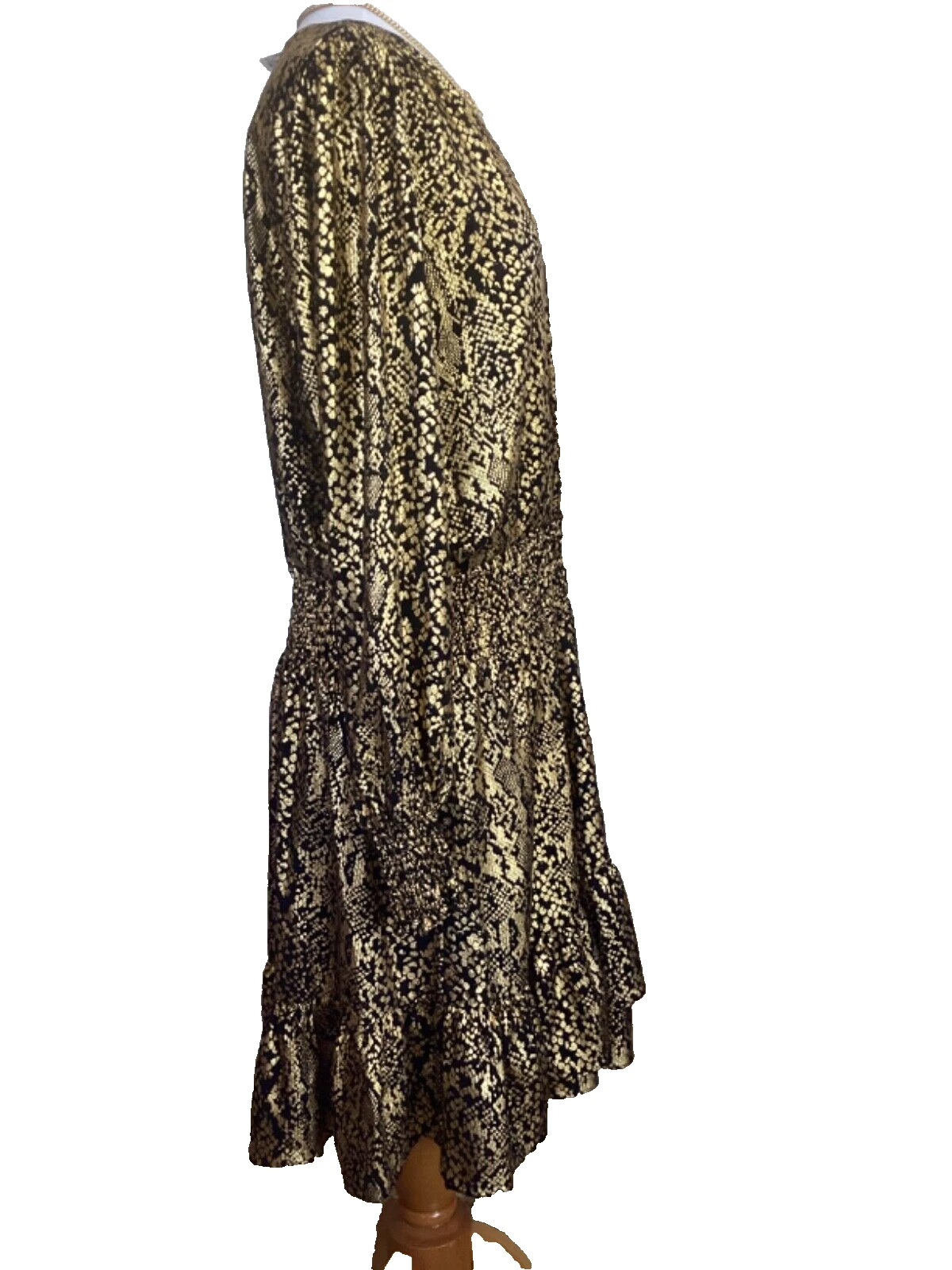 ABITO DA COCKTAIL MICHAEL KORS NERO E ORO LAMINA METALLICA STAMPA SERPENTE RUFFLE TAGLIA XL