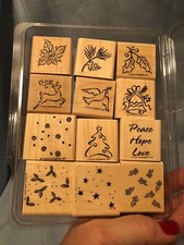 GUC Stampin' Up Wood Mount Rubber Stamps 6 PC Christmas 4PC Backgrounds