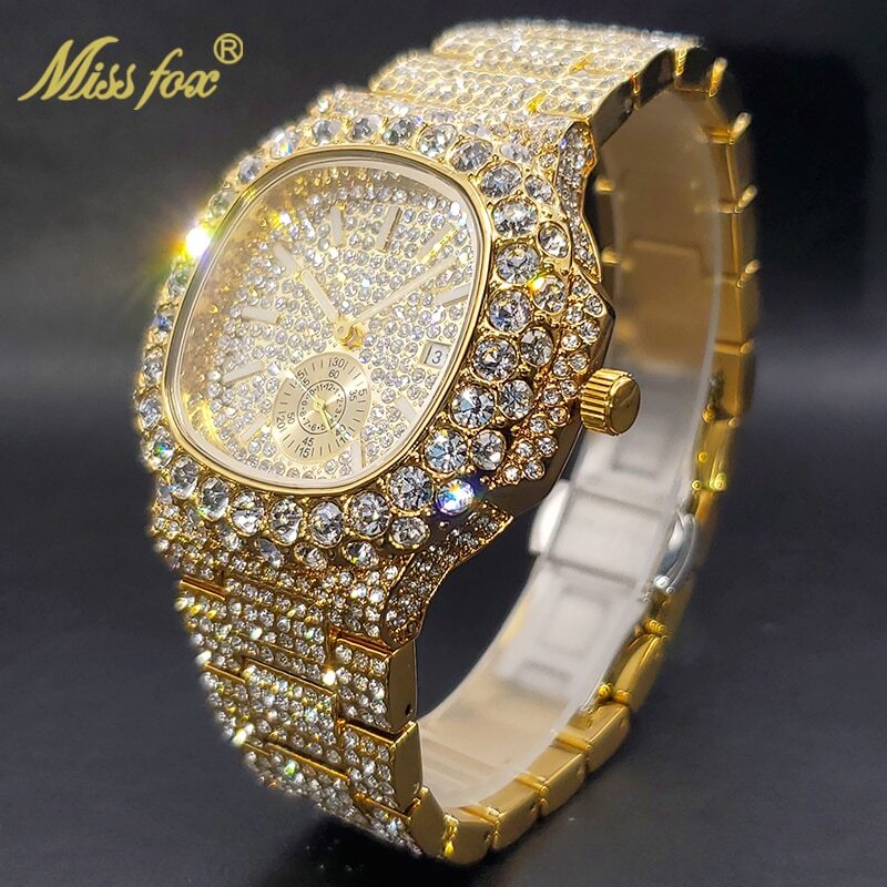Montre Hip Hop pour homme en acier noir avec strass brillants