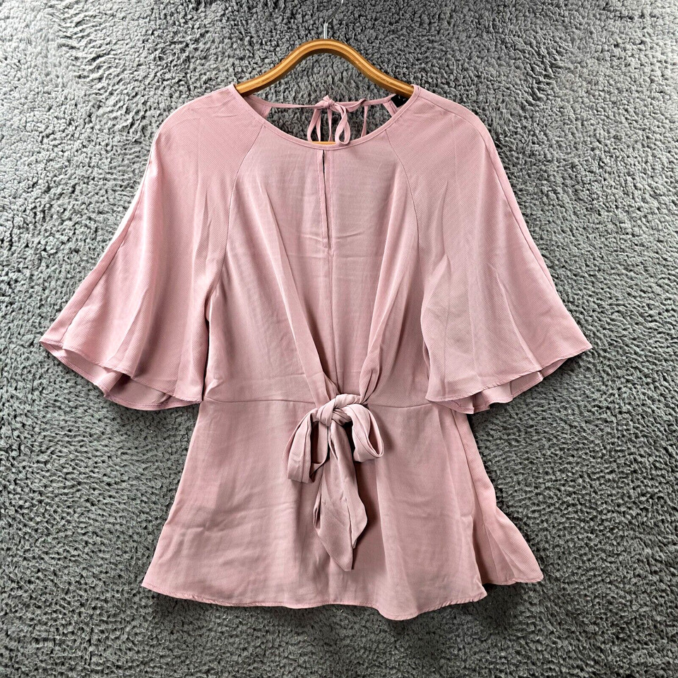 Forcast Womens Blouse Top Size 10 Pink Short Sleeve Tie Front Open Back