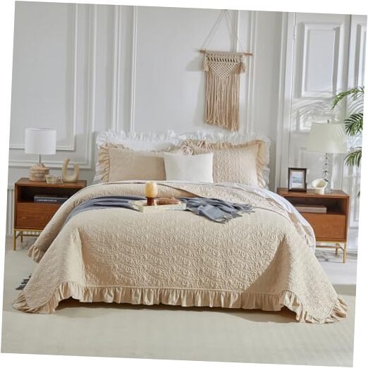 Ruffled Quilt Set Queen Size 96*96in Beige - 3 Queen-96*96 Beige + Oatmeal