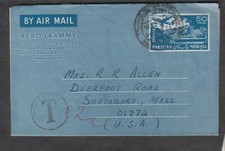 Pakistan 1964 aerogramme Tax T due cover Karachi to Southboro MA