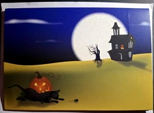 Halloween Pop Up Card Cat & Pumpkins Glitter Moon W/Envelope New Sealed