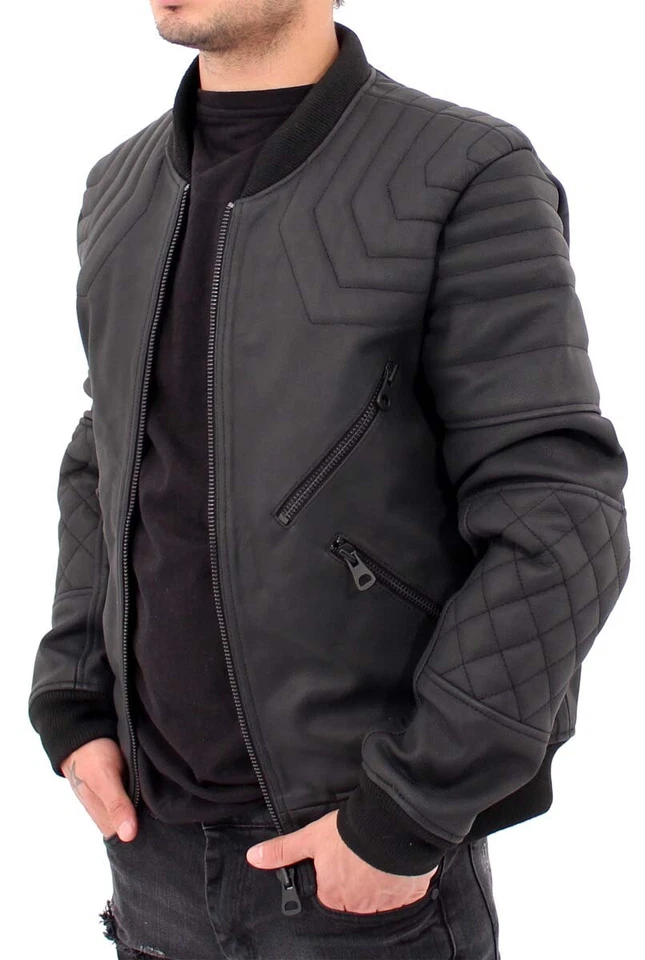 Chaqueta Bomber De Cuero Negra Para Hombre – 100% Cuero Real Acolchada Ajustada - Imagen 2 de 4