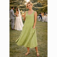 Sleeveless 100% Cotton Midi Dress with Pockets Light Green size 14