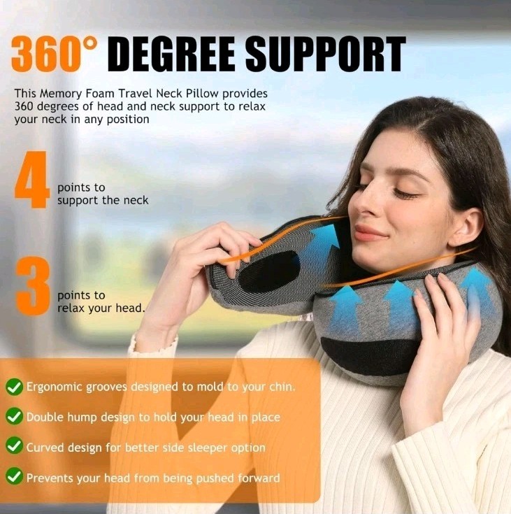 Memory Foam Travel Neck Pillow for Head Support and Comfortable Sleep