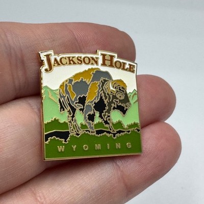 Vintage Jackson Hole Wyoming Bison Enamel Lapel Pin Green Gold Souvenir